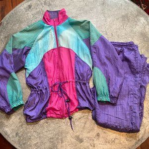 Vintage 80s Retro Tracksuit Active Stuff Jacket Jogger Pants Purple Pink Small
